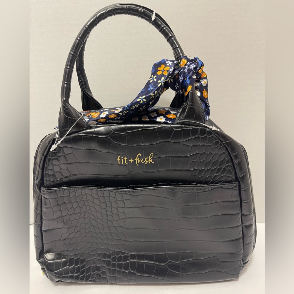 Fit & Fresh Lyon Luxe Lunch Bag w/ Travel Utensils faux croc leather black